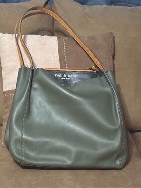rag & bone Passenger Tote Olive Green Leather Tote Tan Straps and Orange accents